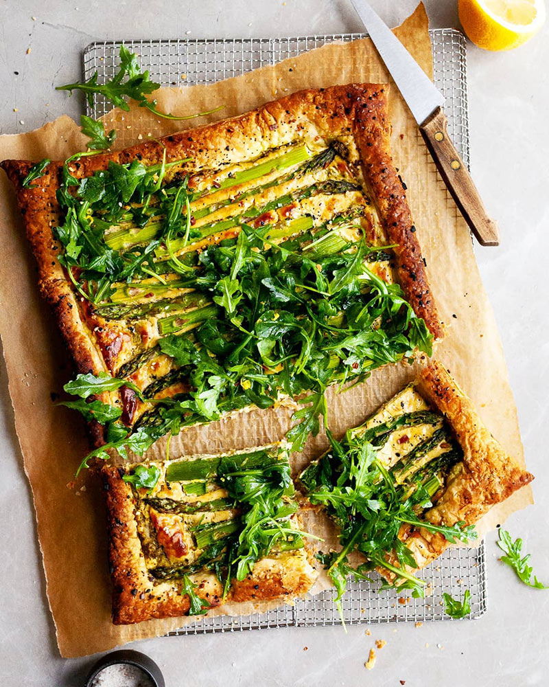 crumbs.and.caramel's Asparagus and Pesto Cashew Cheese Tart with Lemon Arugula